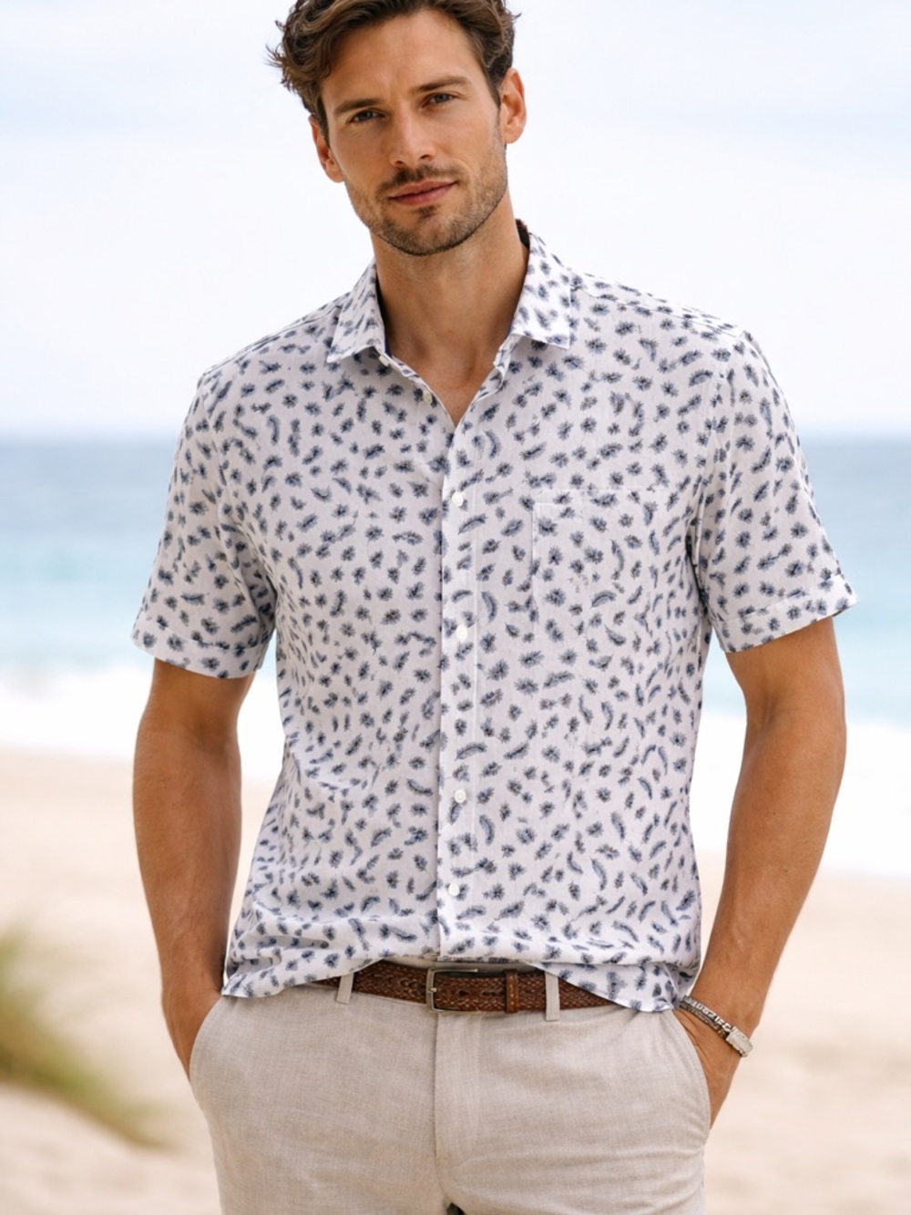 Hugo Boss White ShortSleeve Button Down Regular Fit Shirt with Navy Leaf Print L